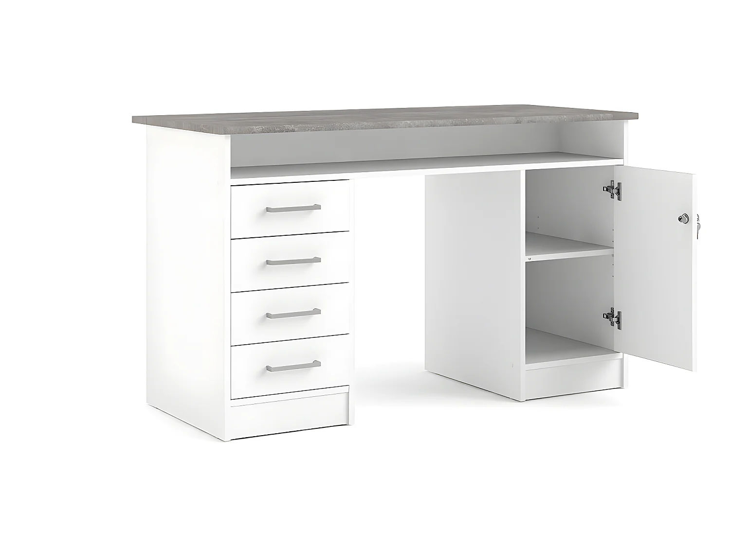 Plus Schreibtisch mit 1 Regal, 4 Schubladen und 1 Tür mit Schloss, weiß / Beton Dekor.
