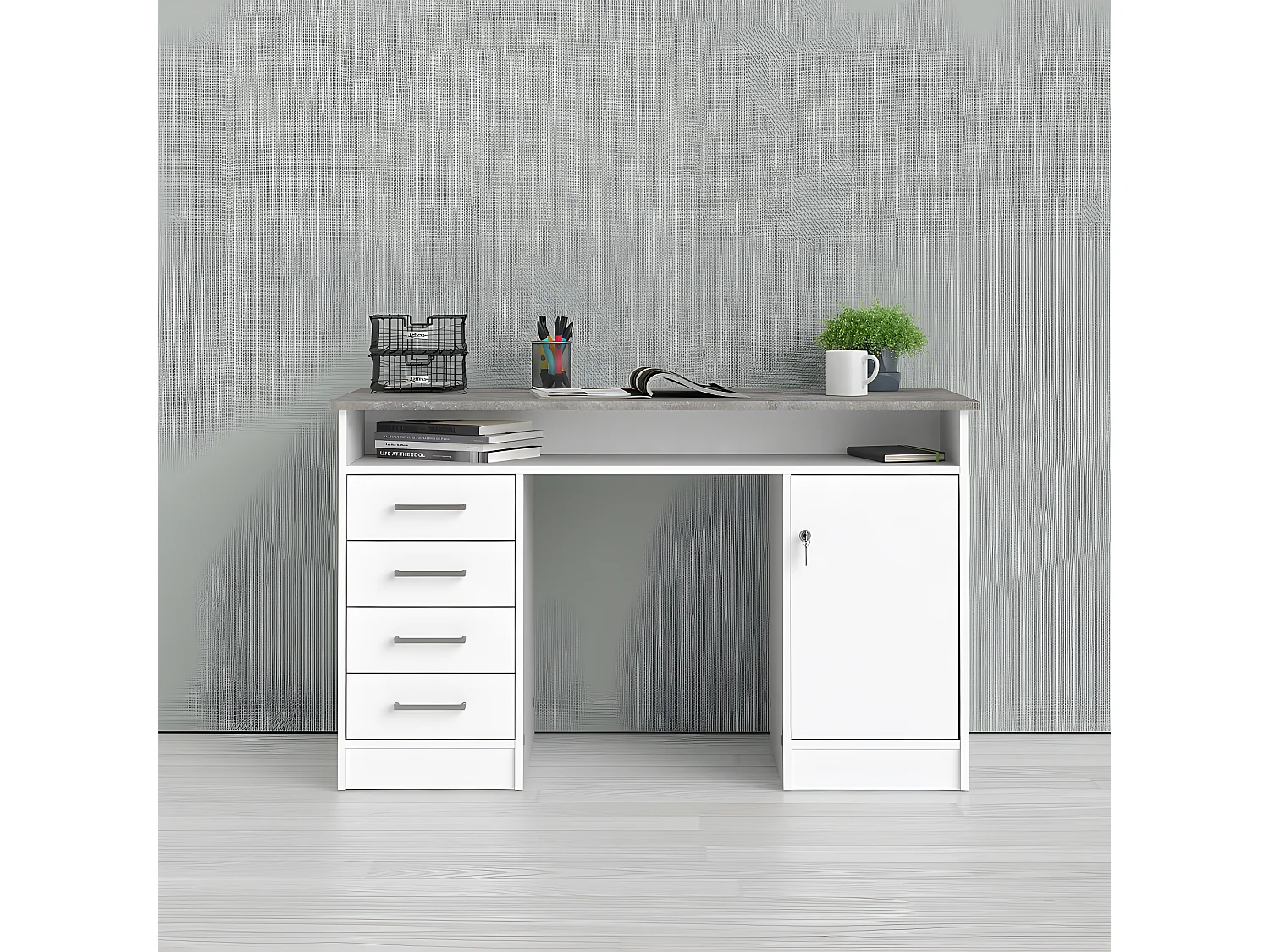 Plus Schreibtisch mit 1 Regal, 4 Schubladen und 1 Tür mit Schloss, weiß / Beton Dekor.