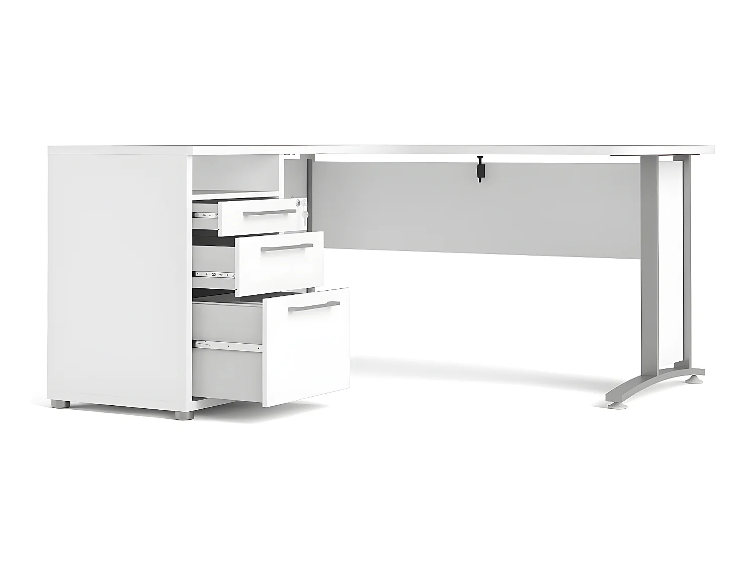 Prisme Bureau d'angle avec 1 tablette de rangement et 3 tiroirs, blanc, gris