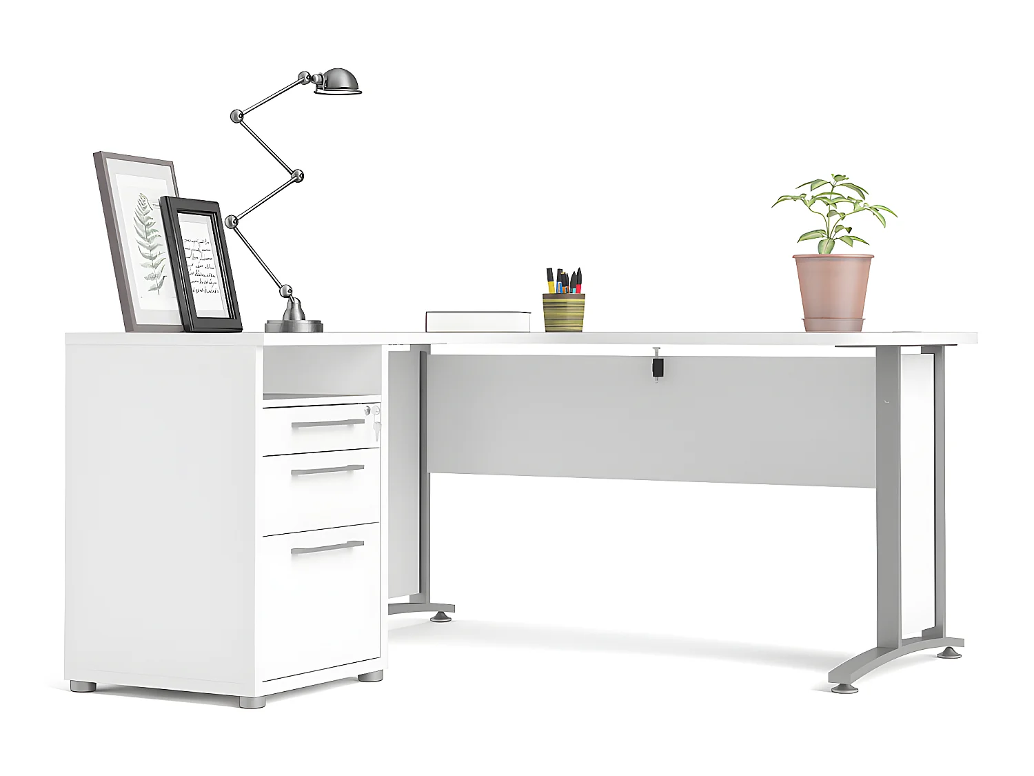 Prisme Bureau d'angle avec 1 tablette de rangement et 3 tiroirs, blanc, gris