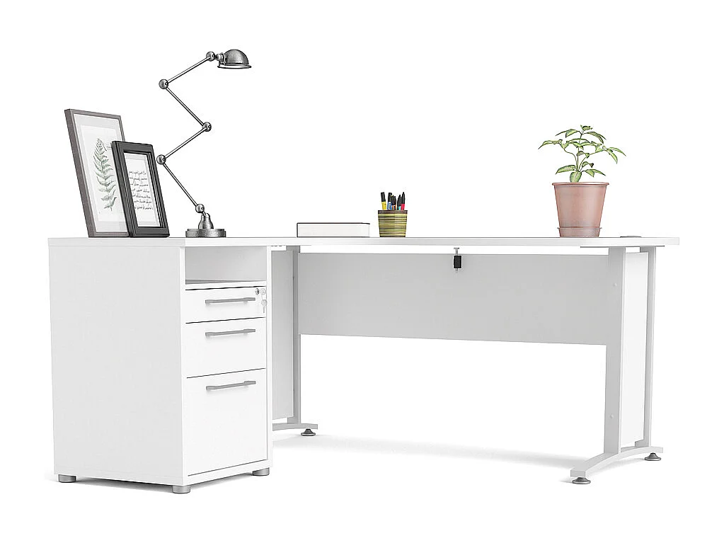 Prisme Eckschreibtisch mit 1 Ablage und 3 Schubladen weiss, weiss