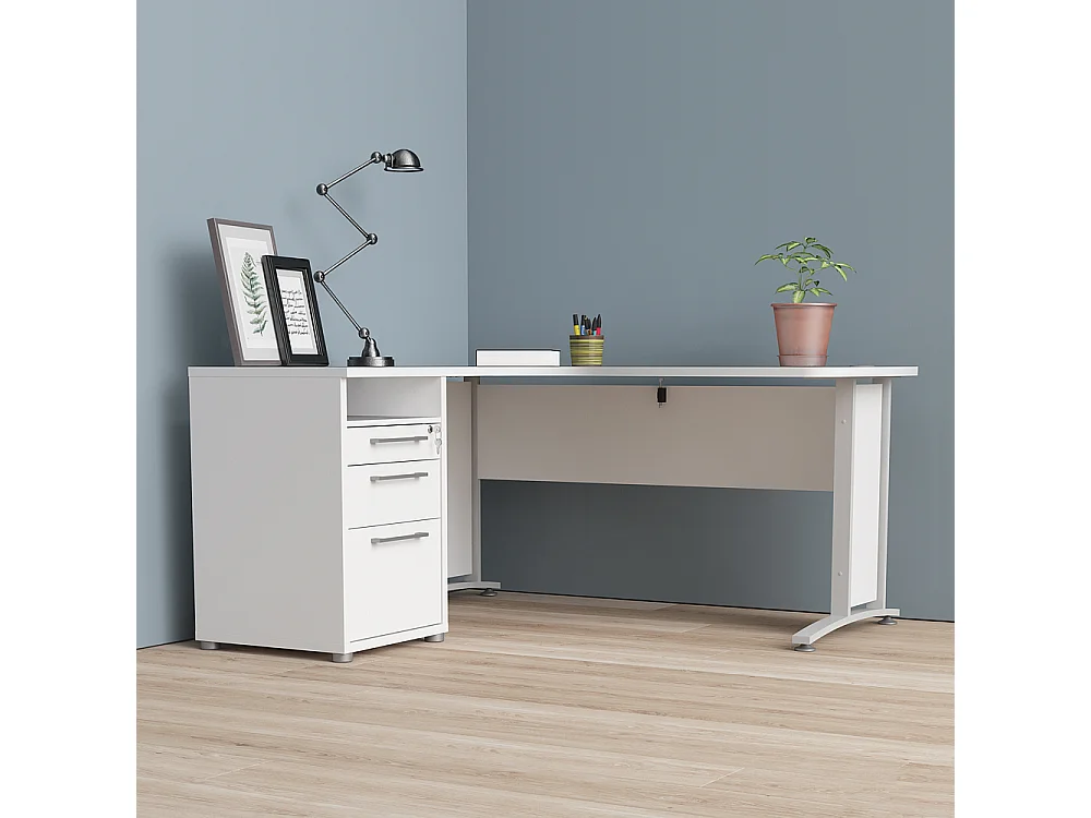 Prisme Eckschreibtisch mit 1 Ablage und 3 Schubladen weiss, weiss