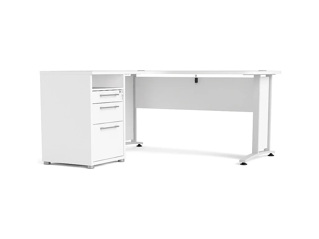 Prisme Bureau d'angle avec 1 tablette de rangement et 3 tiroirs, blanc, blanc