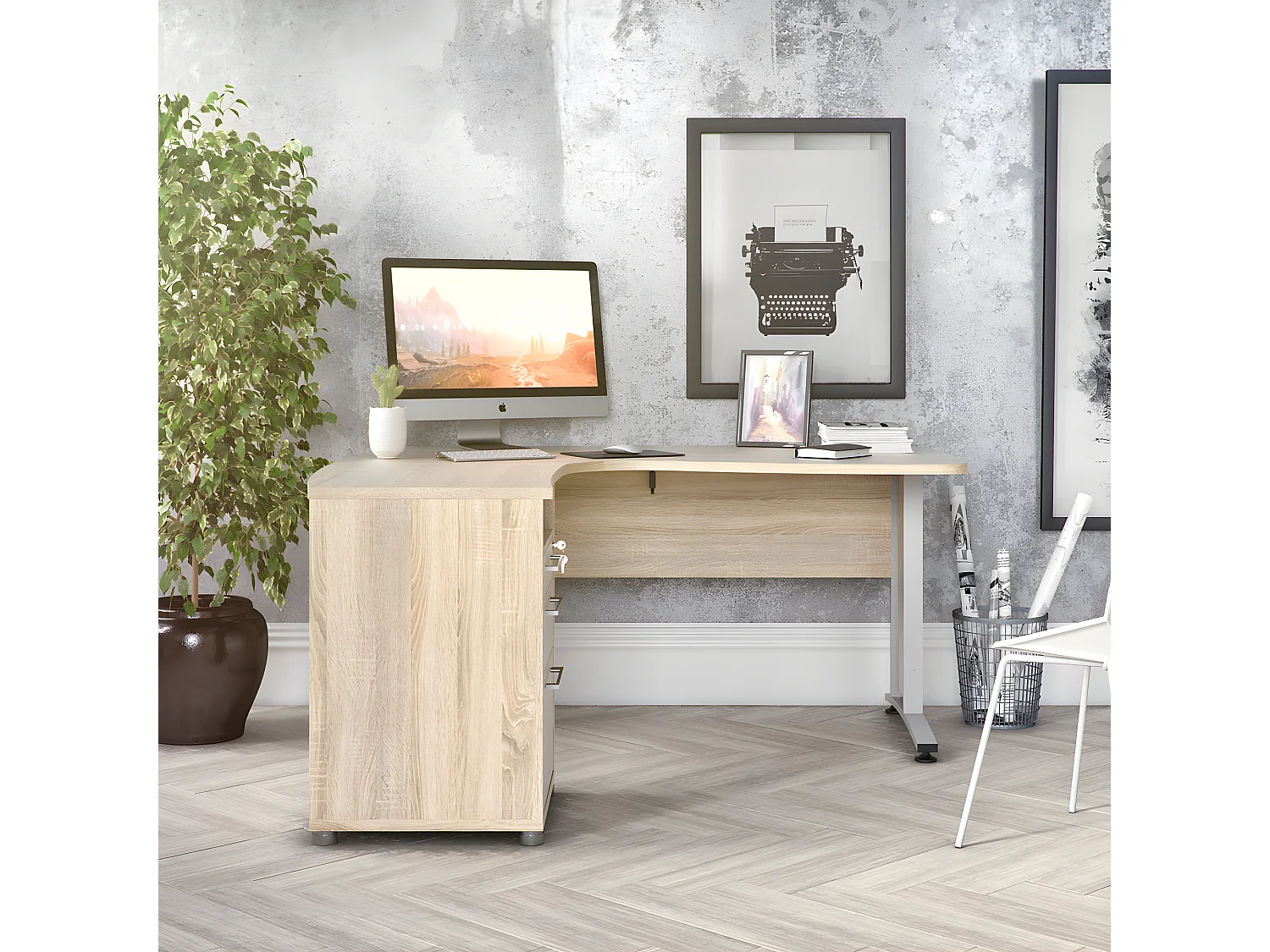 Prisme bureau 3 lades eiken decor en wit.