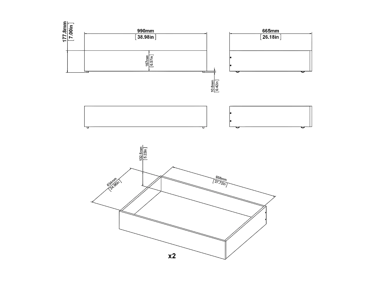 Nada bed 2 bedlades breedte 99 cm, matzwart.