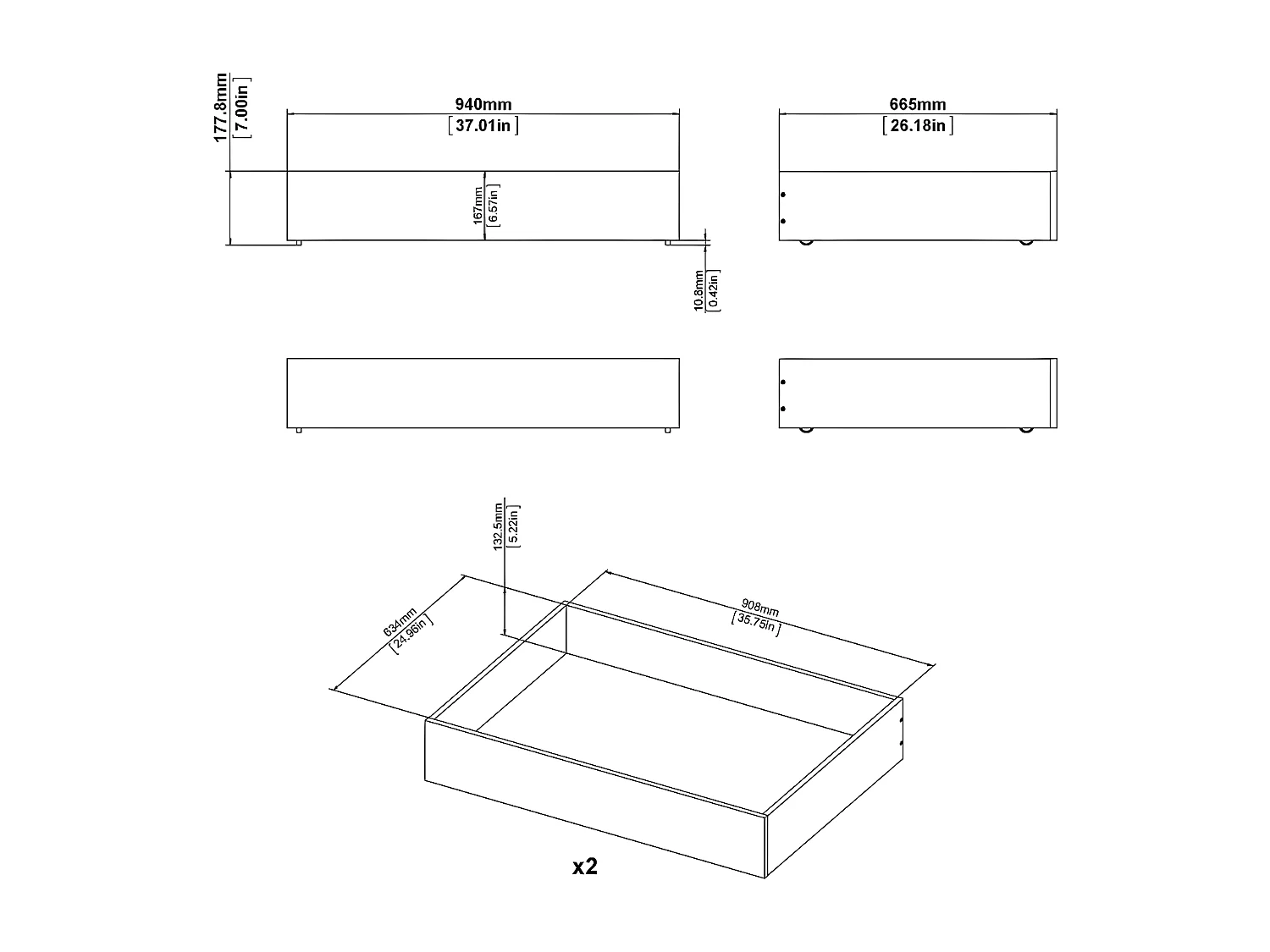 Nada bed 2 bedlades breedte 94 cm, matzwart.