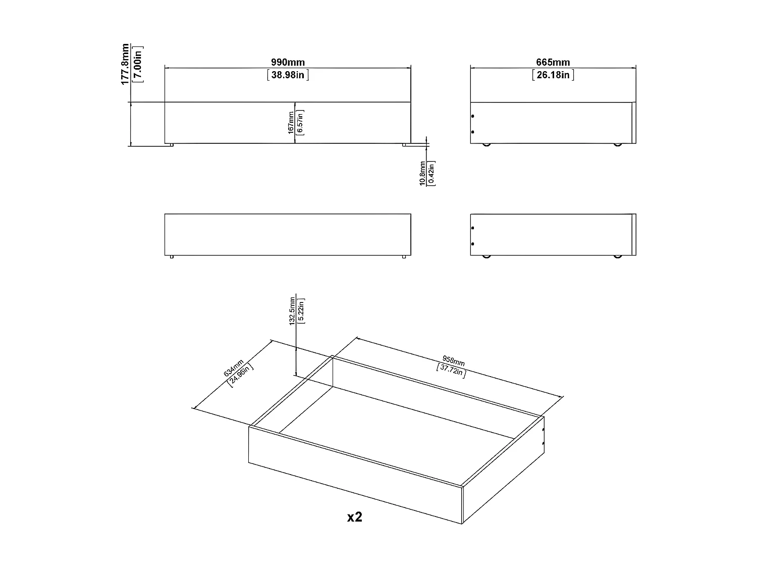 Nada bed 2 bedlades breedte 99 cm, wit hoogglans.