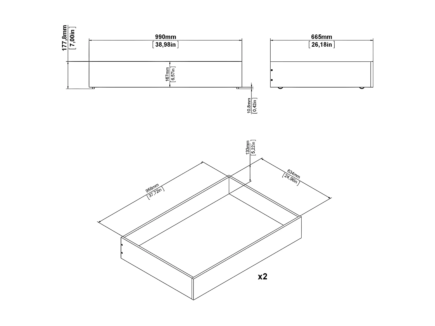 Nada Tiroir de lit L99 cm, 2 pièces, imitation chêne Hickory.
