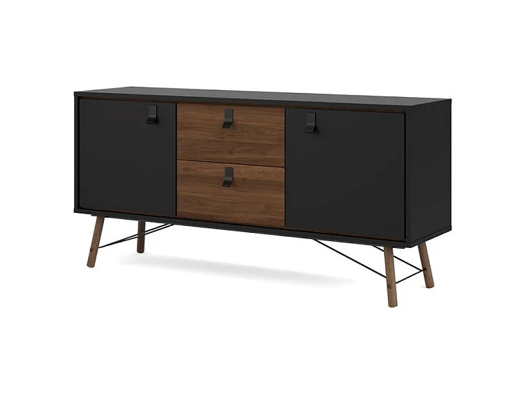 Rye Buffet 2 portes, 2 tiroirs, noir mat, finition noyer.