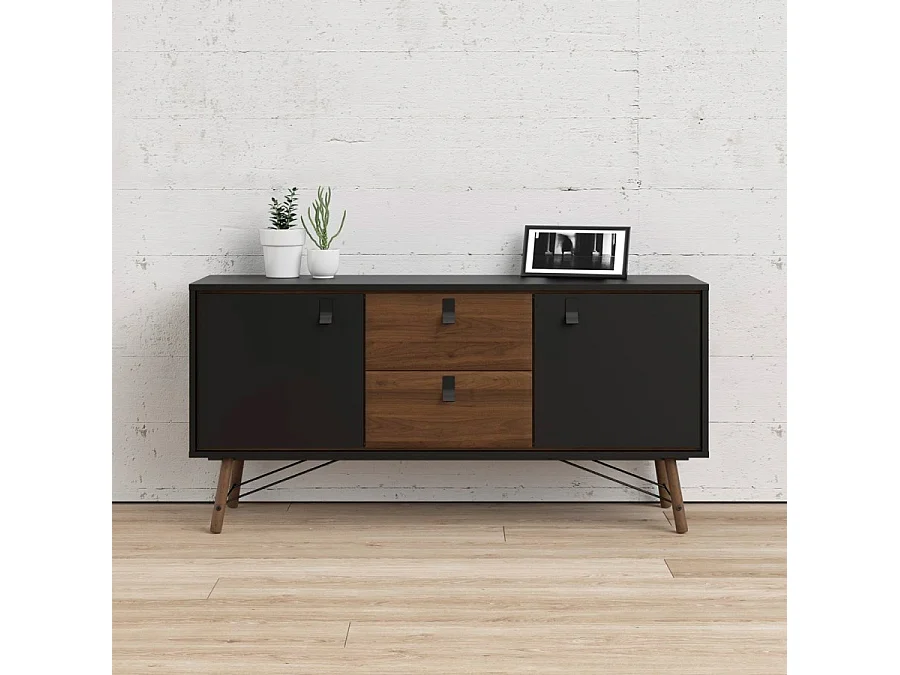 Rye Sideboard 2 Türen, 2 Schubladen mattschwarz, wallnuss Dekor.