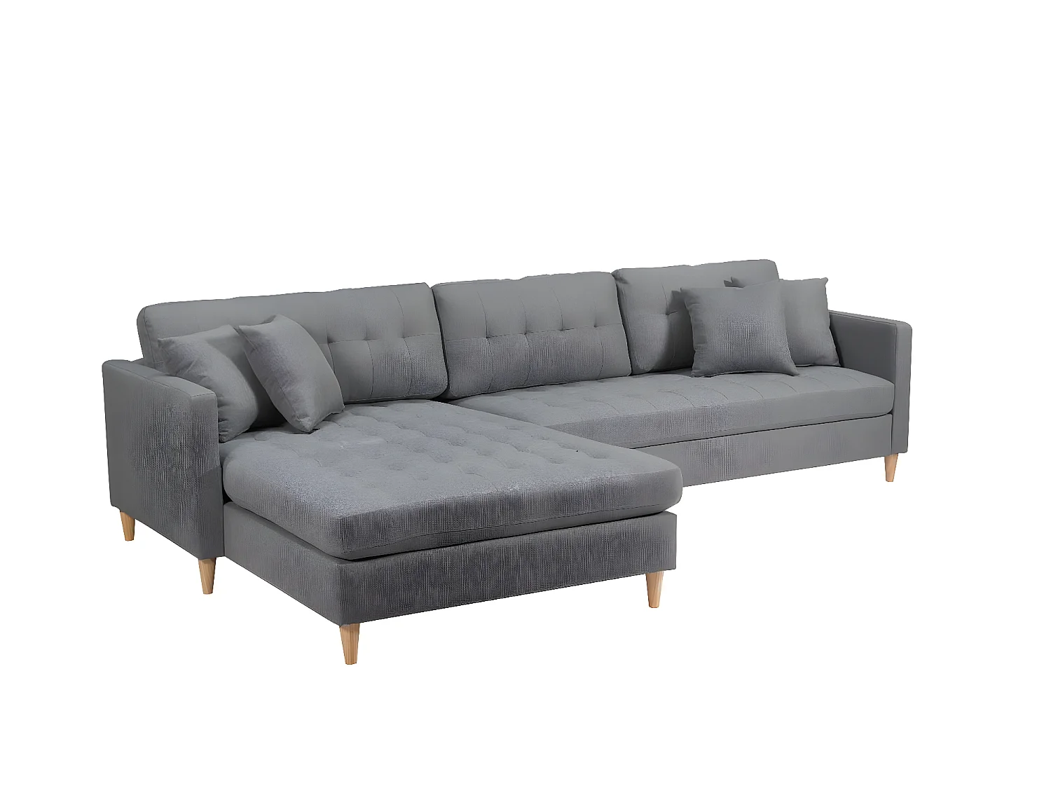 Marino Deluxe Chaiselongsofa rechts oder links gewendet mit Kissen Stoff grau.