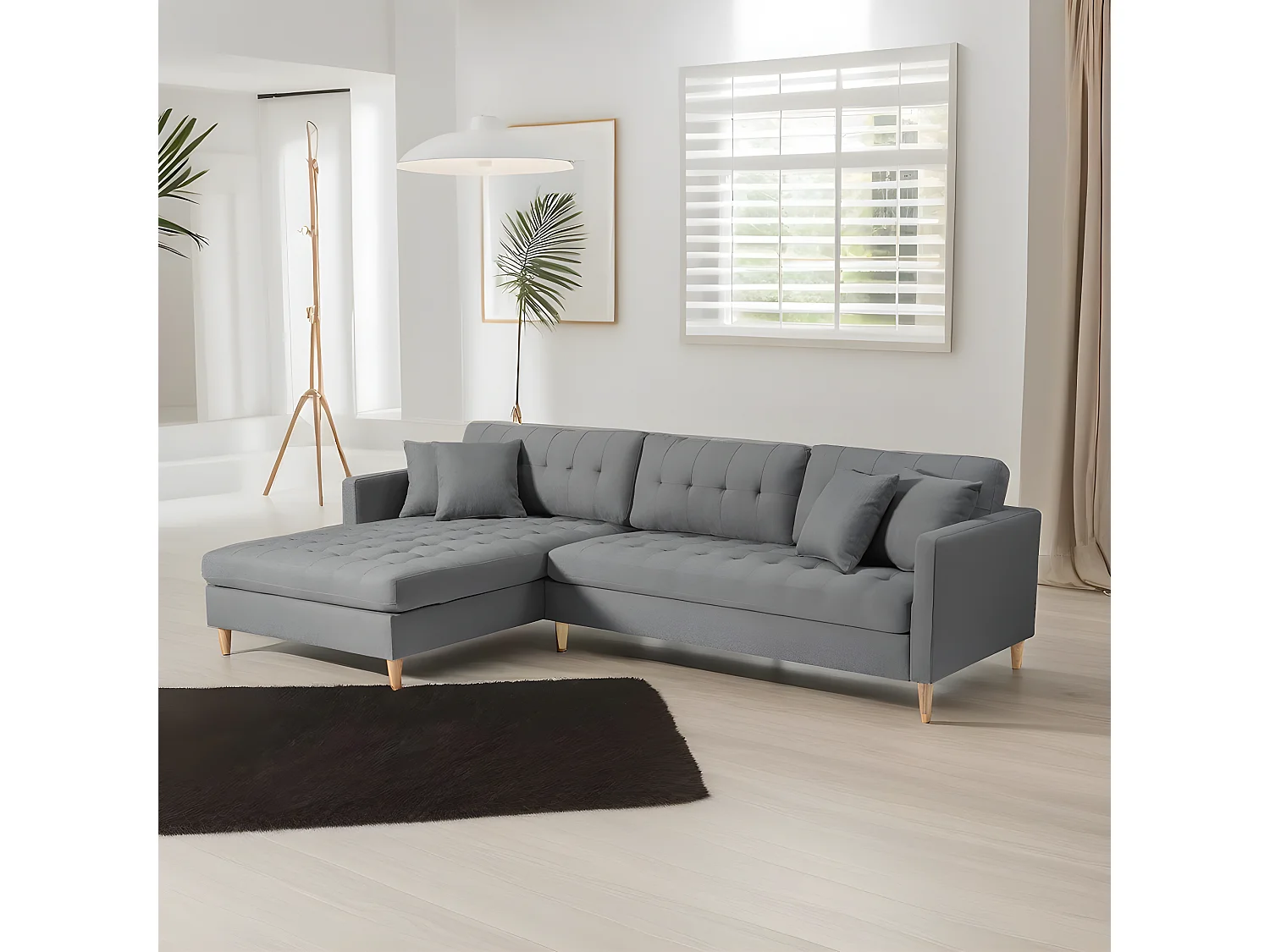 Marino Deluxe canapé chaise longue tourné vers la droite ou la gauche avec coussins tissu gris.