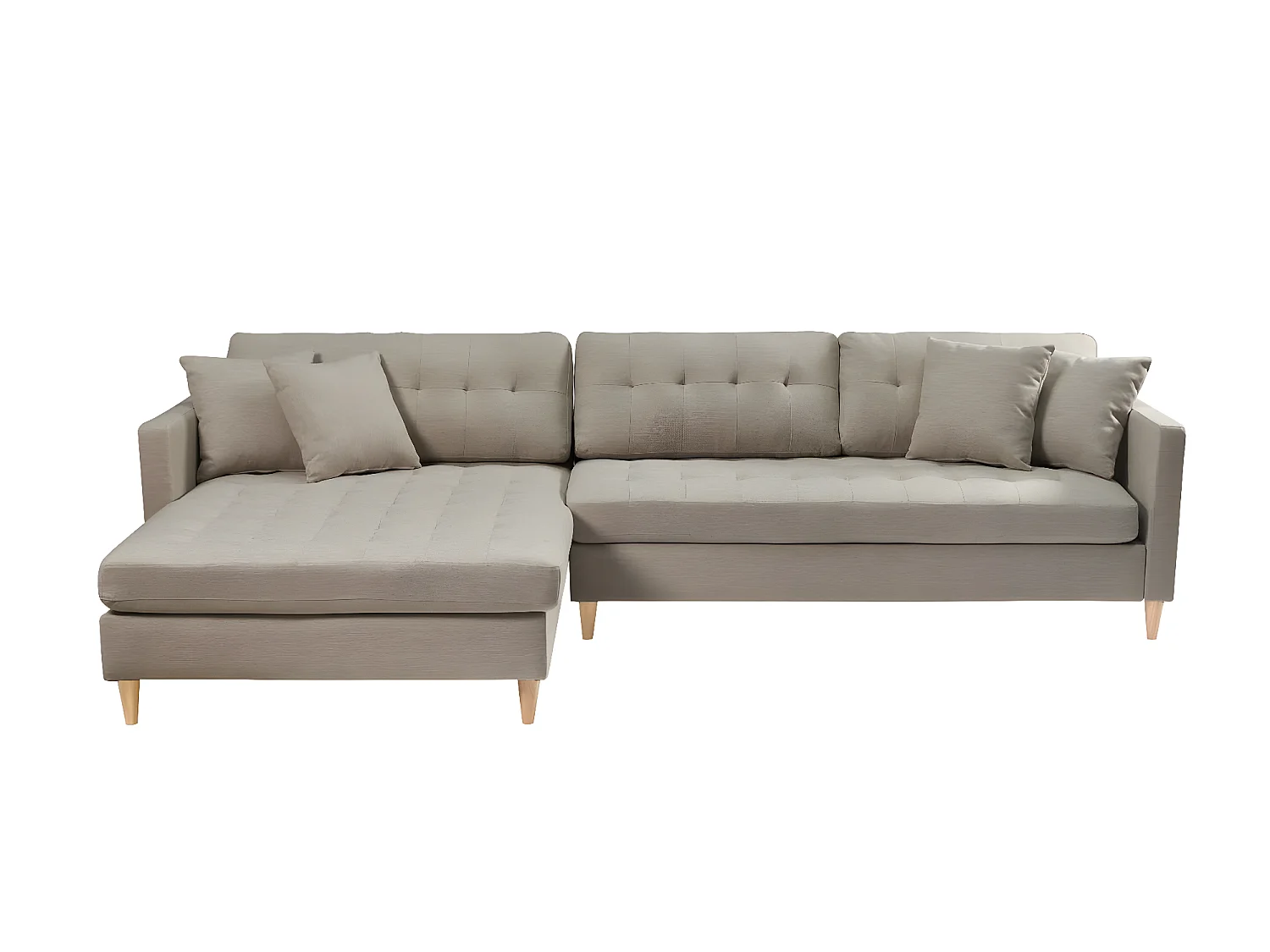 Marino Deluxe Chaiselongsofa rechts oder links gewendet mit Kissen Stoff sandfarben.