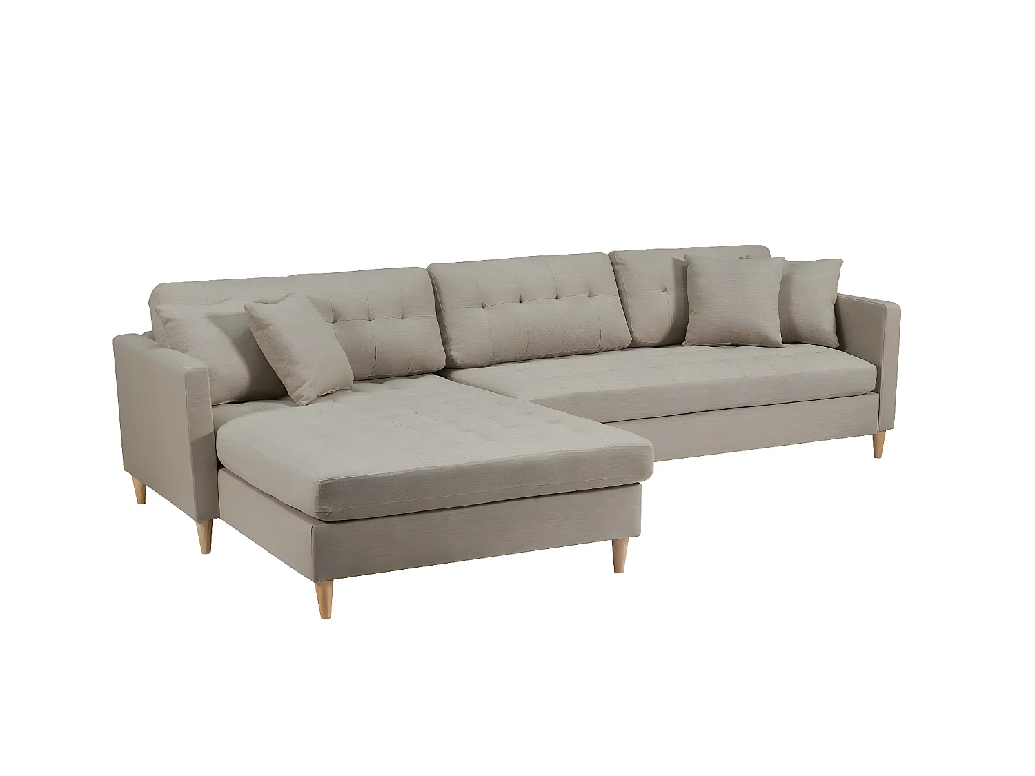 Marino Deluxe Chaiselongsofa rechts oder links gewendet mit Kissen Stoff sandfarben.