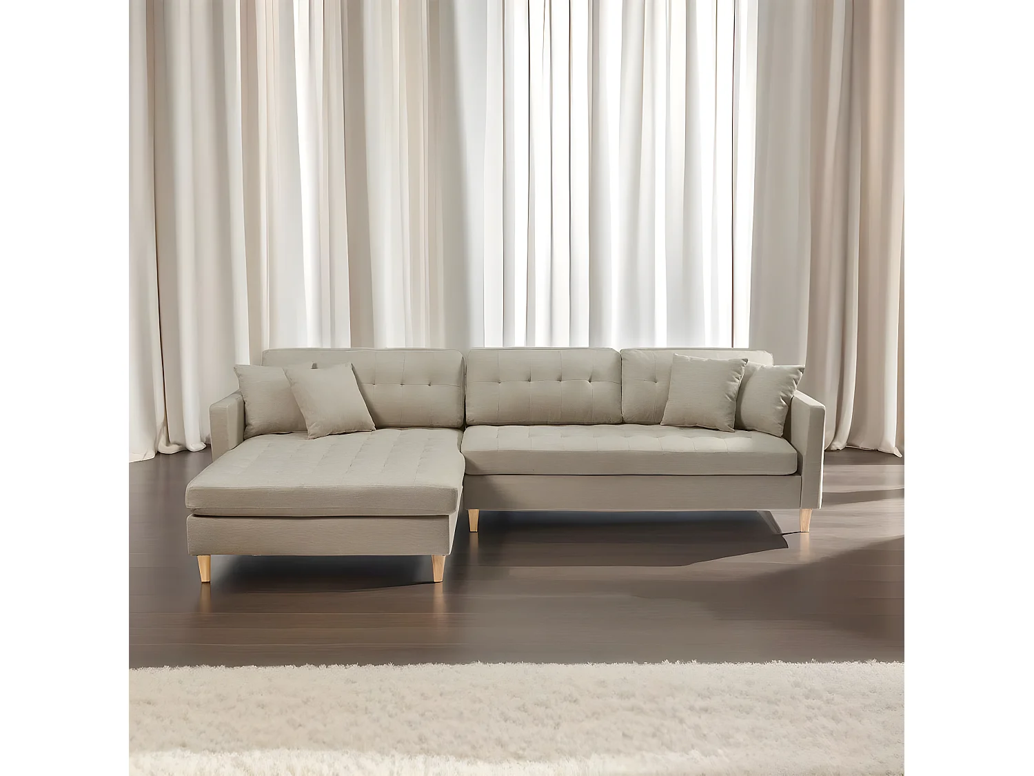 Marino Deluxe Chaiselongsofa rechts oder links gewendet mit Kissen Stoff sandfarben.