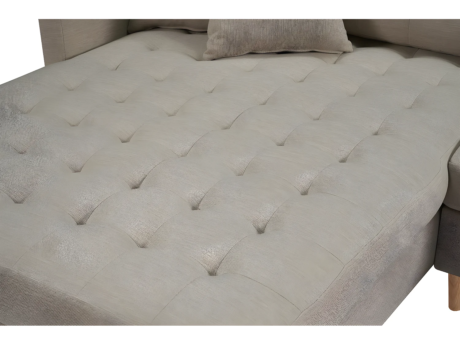 Marino Deluxe Chaiselongsofa rechts oder links gewendet mit Kissen Stoff sandfarben.