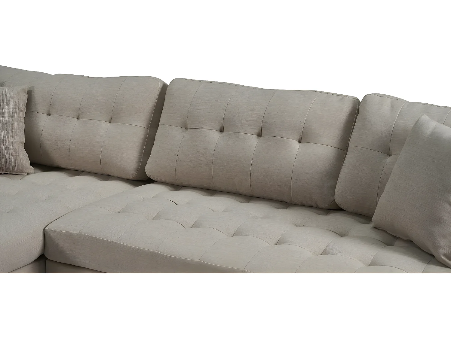 Marino Deluxe Chaiselongsofa rechts oder links gewendet mit Kissen Stoff sandfarben.