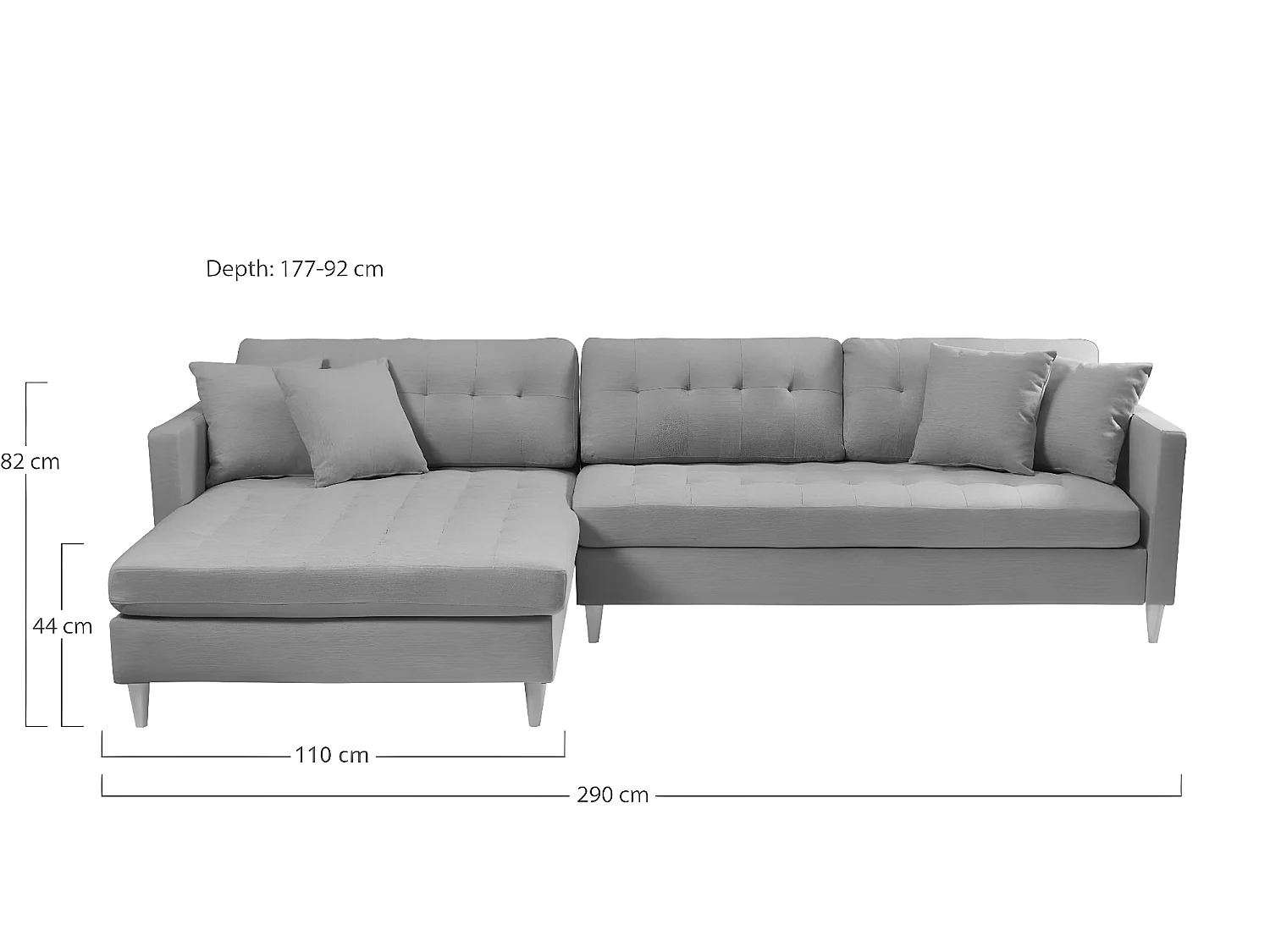 Marino Deluxe Chaiselongsofa rechts oder links gewendet mit Kissen Stoff sandfarben.
