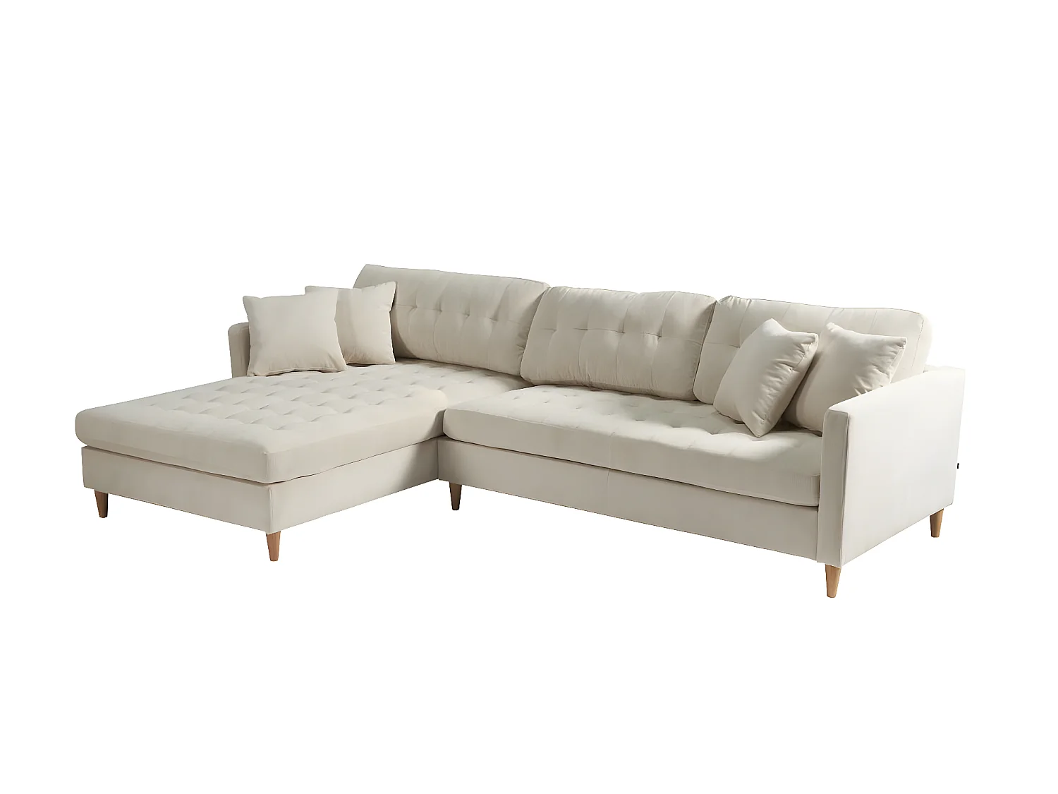 Marino Deluxe Chaiselongsofa rechts oder links gewendet mit Kissen Samt sandfarben.