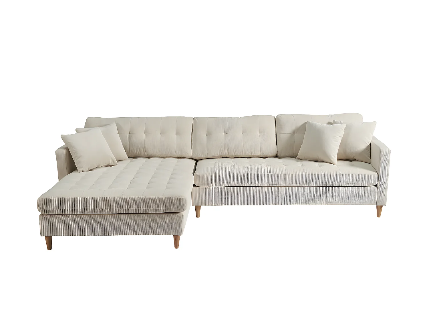 Marino Deluxe Chaiselongsofa rechts oder links gewendet mit Kissen Samt sandfarben.