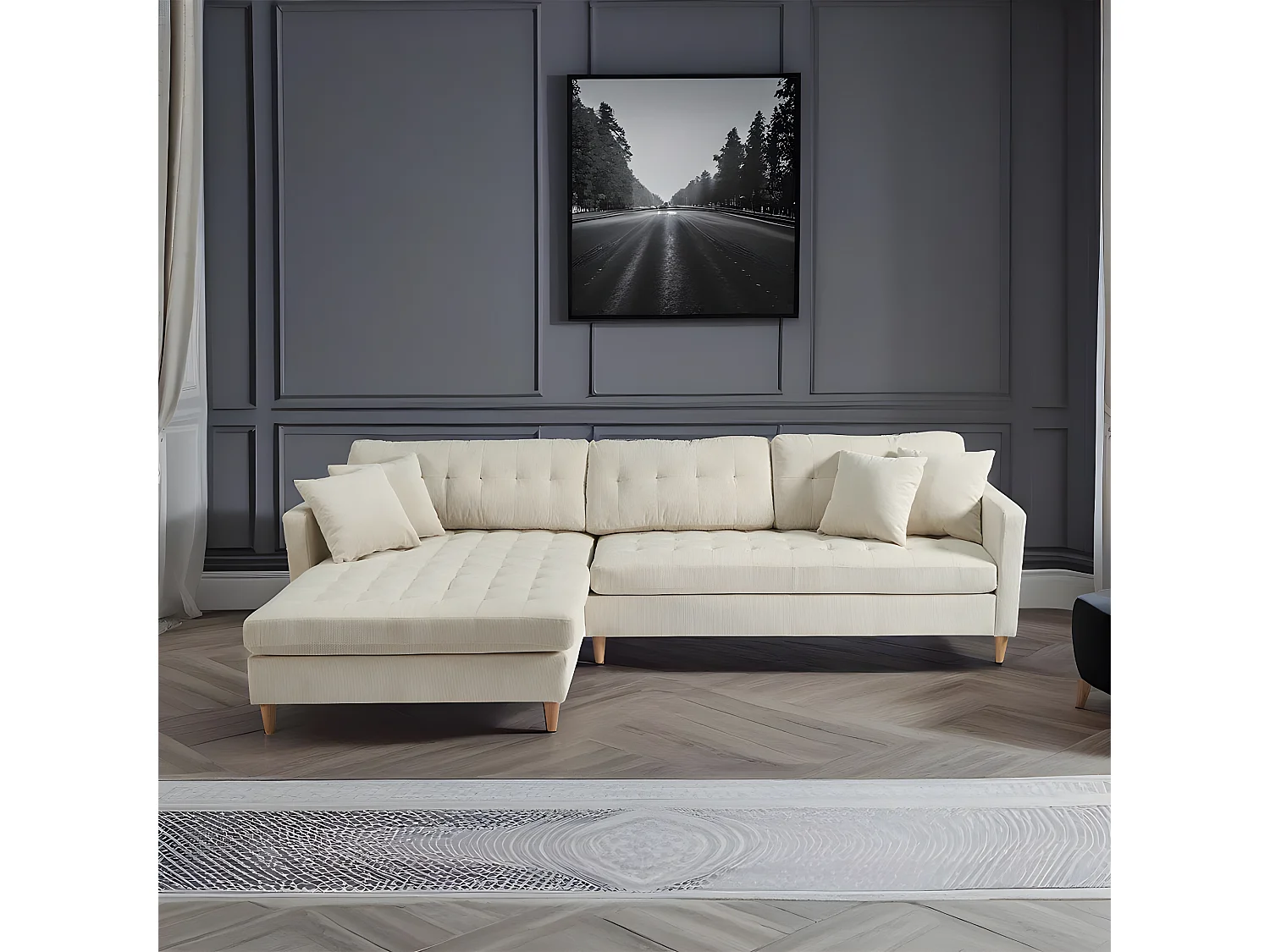 Marino Deluxe Chaiselongsofa rechts oder links gewendet mit Kissen Samt sandfarben.