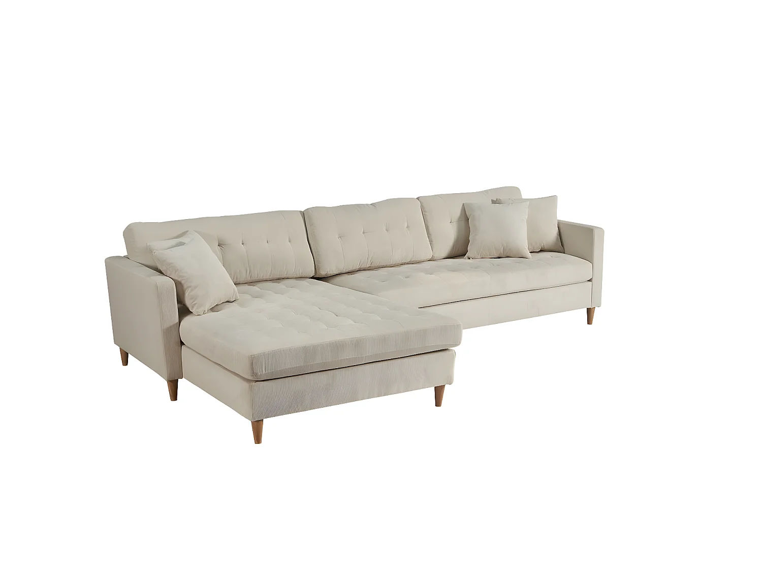Marino Deluxe bank met chaise longue rechts of links gedraaid met kussens fluweel zandkleurig.