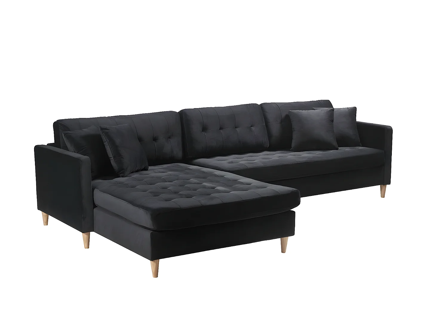 Marino Deluxe Chaiselongsofa rechts oder links gewendet mit Kissen Velour schwarz.