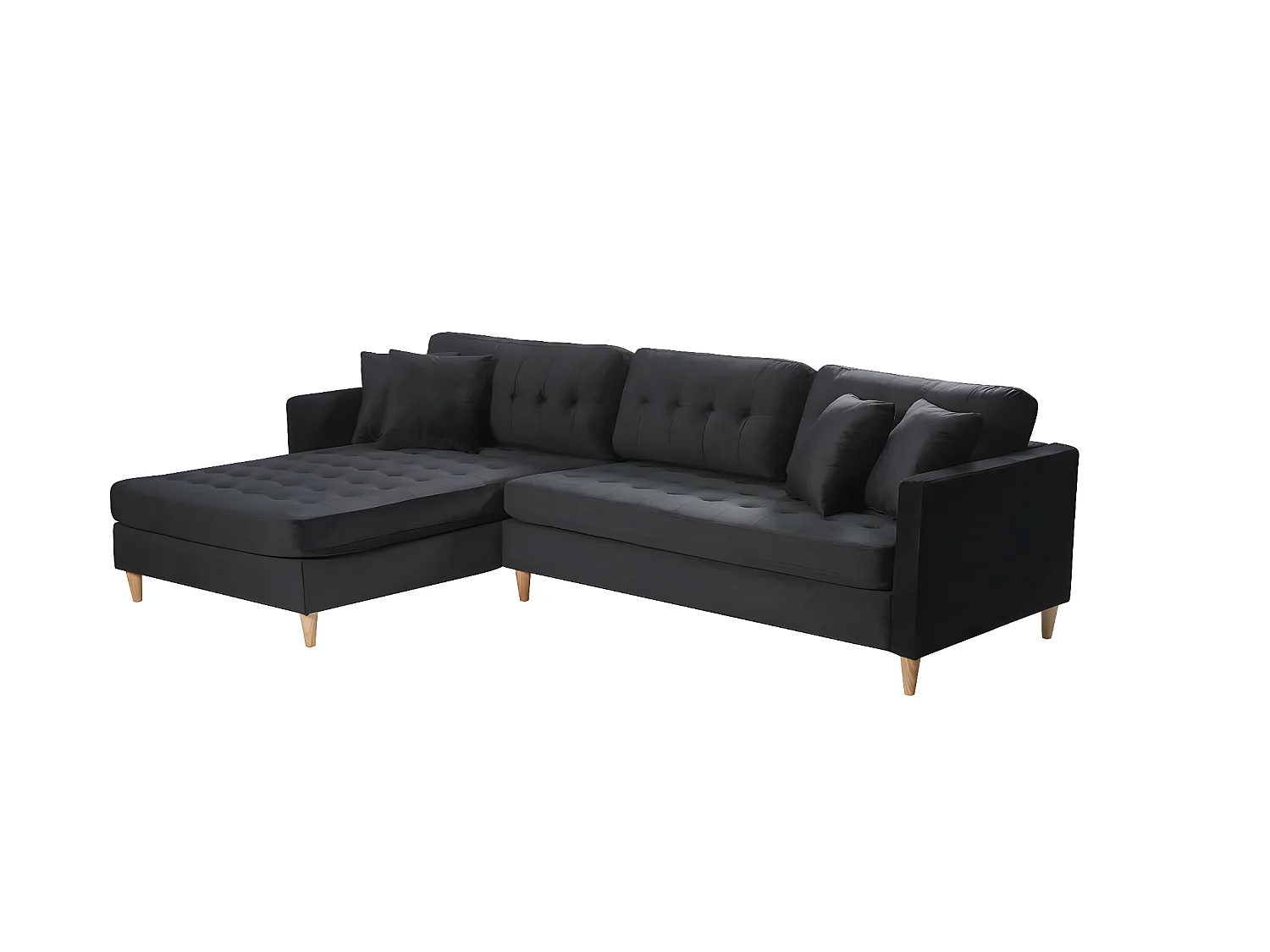 Marino Deluxe bank met chaise longue rechts of links gedraaid met kussens velours zwart.