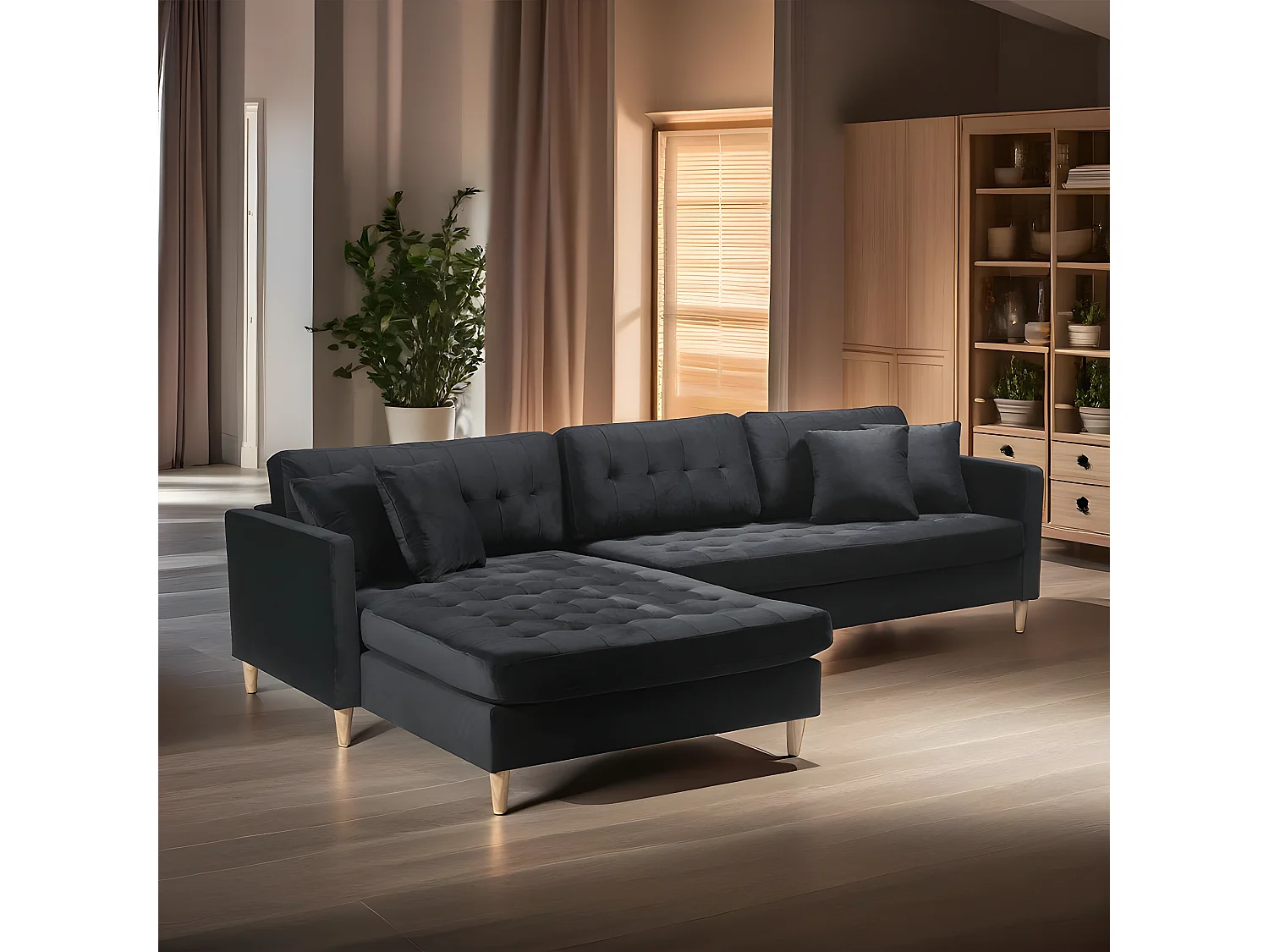 Marino Deluxe bank met chaise longue rechts of links gedraaid met kussens velours zwart.