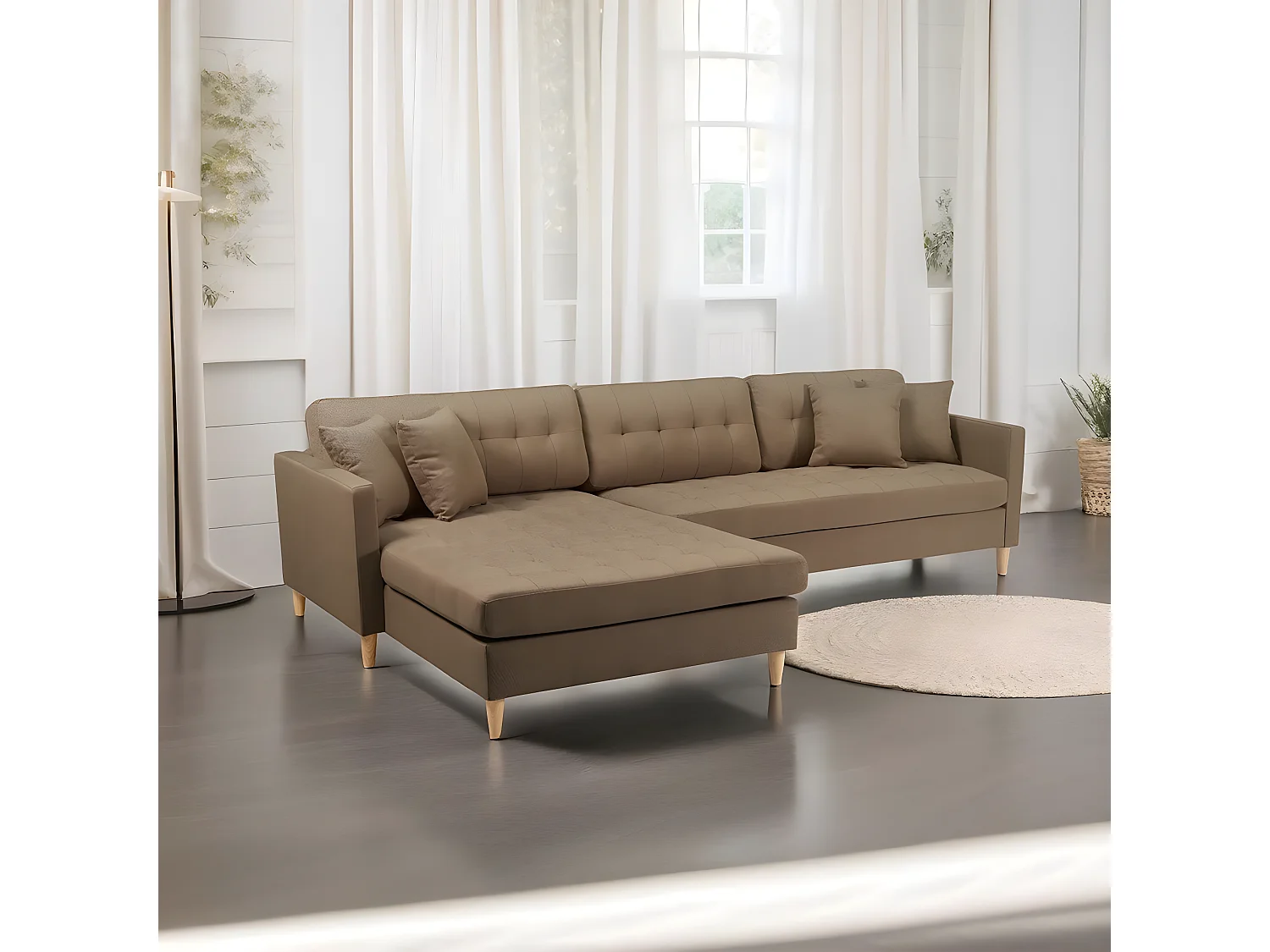 Marino Deluxe canapé chaise longue tourné vers la droite ou la gauche avec coussins tissu marron.