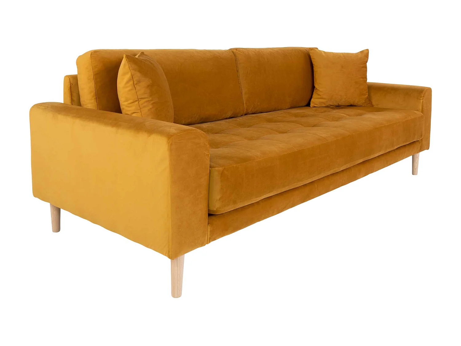 Lido Canapé 3 pers. en velours, 2 coussins décoratifs inclus, jaune moutarde.