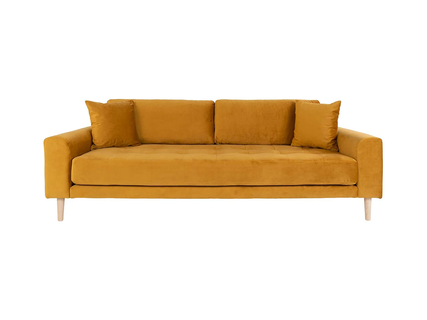 Lido Canapé 3 pers. en velours, 2 coussins décoratifs inclus, jaune moutarde.