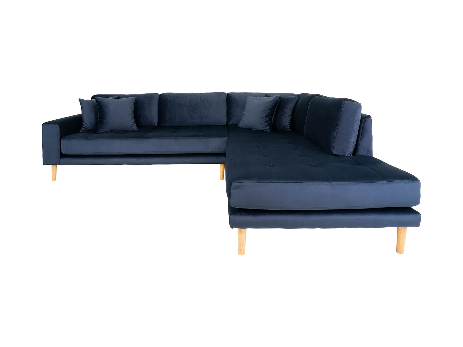 Lido Canapé d'angle orienté à droite avec quatre coussins, bleu en velours.