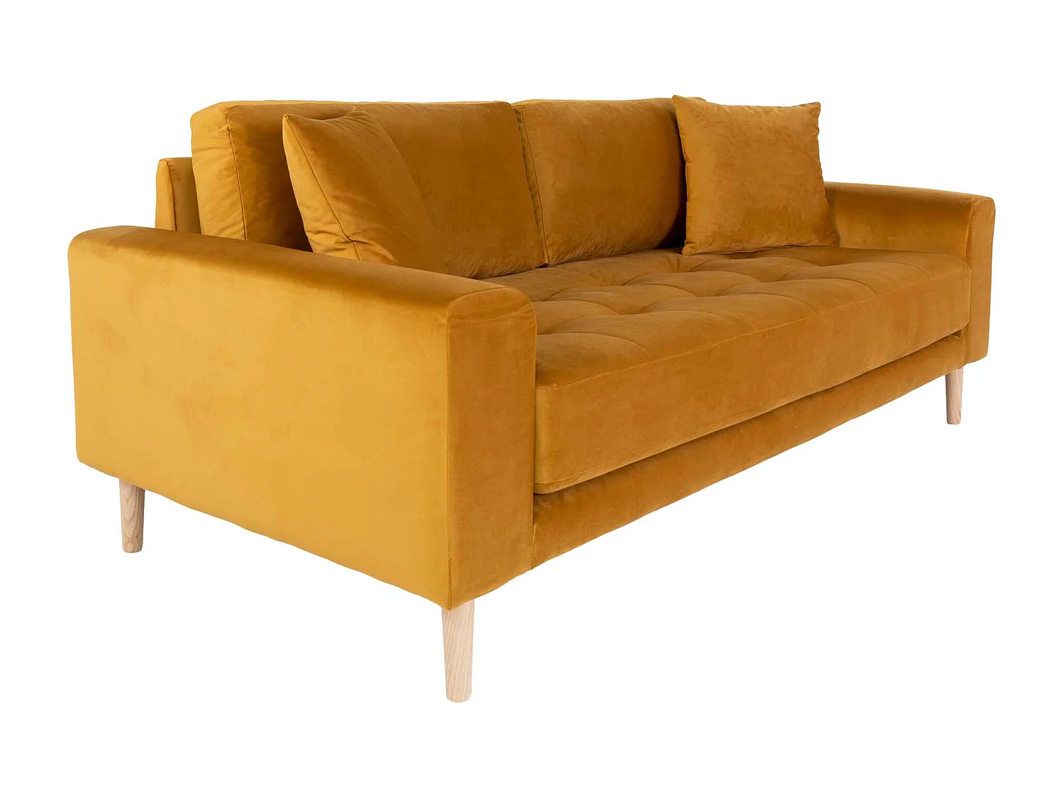 Lido Canapé 2,5 pers. en velours, 2 coussins décoratifs inclus, jaune moutarde.