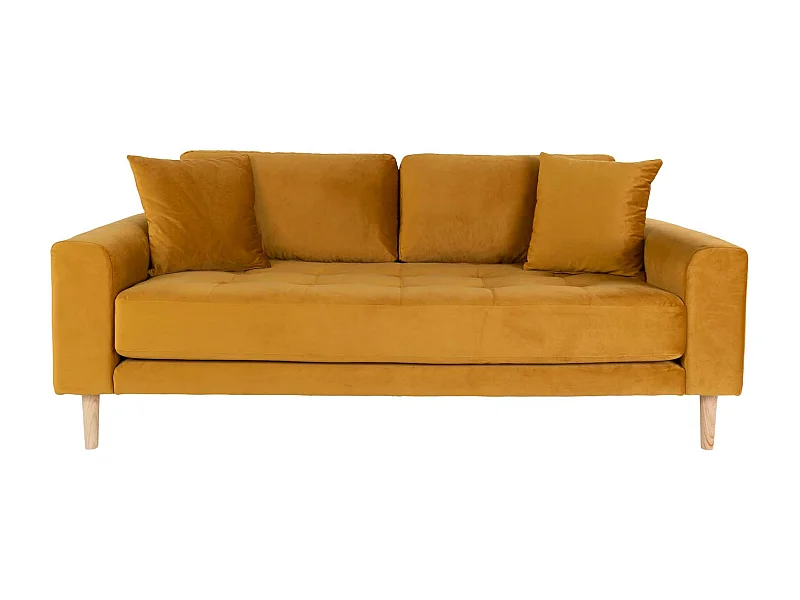 Lido Canapé 2,5 pers. en velours, 2 coussins décoratifs inclus, jaune moutarde.