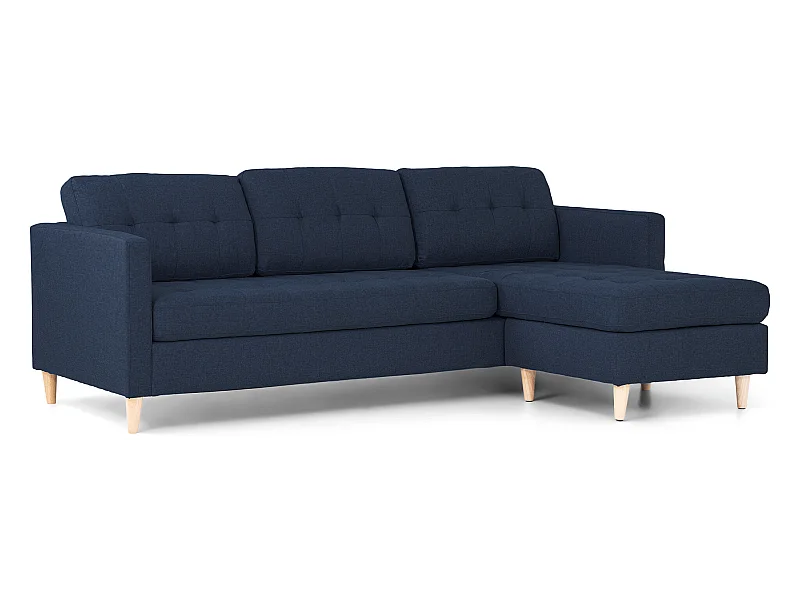 Marino Sofa, Chaiselongsofa rechts oder links gewendet in blauen Stoff mit Holzbeinen.