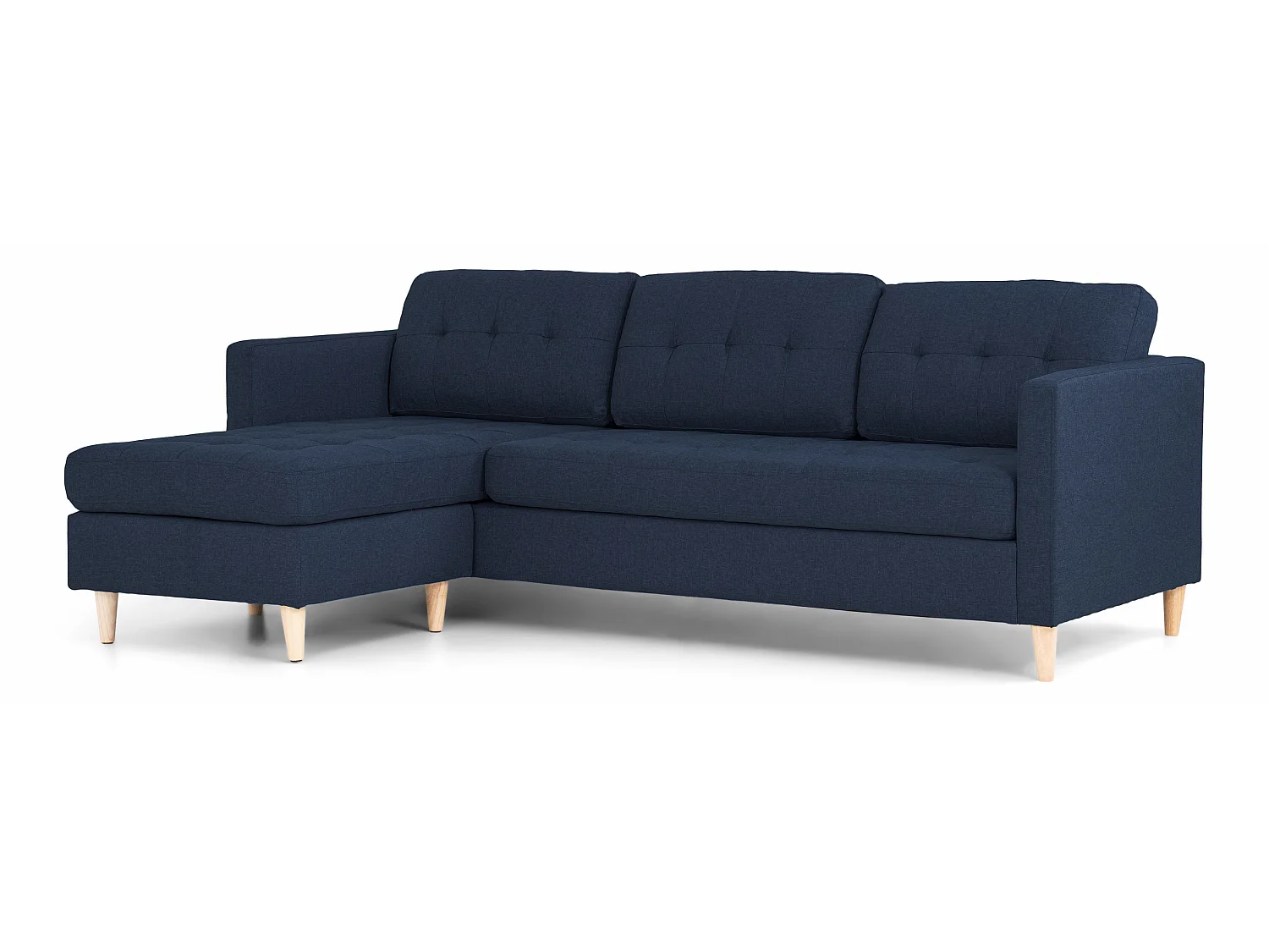 Marino Sofa, Chaiselongsofa rechts oder links gewendet in blauen Stoff mit Holzbeinen.