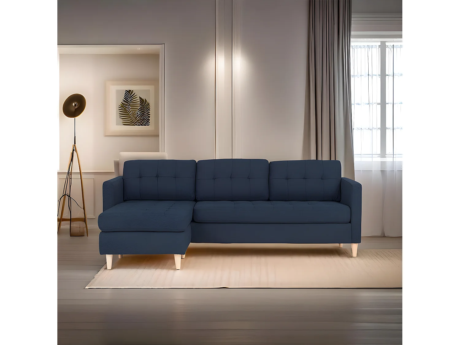 Marino Sofa, Chaiselongsofa rechts oder links gewendet in blauen Stoff mit Holzbeinen.