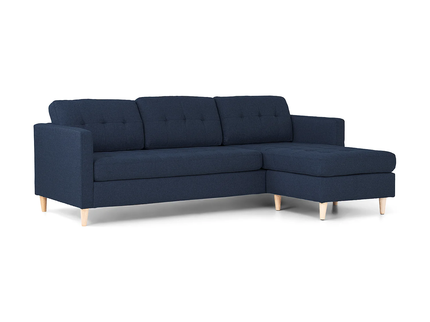 Marino Sofa, Canapé avec chaise longue réversible à droite ou à gauche, en tissu bleu avec pieds en bois.