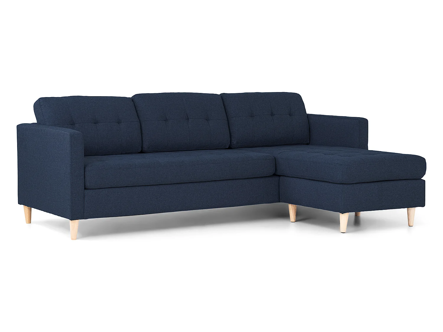 Marino Sofa, Chaiselongsofa rechts oder links gewendet in blauen Stoff mit Holzbeinen.