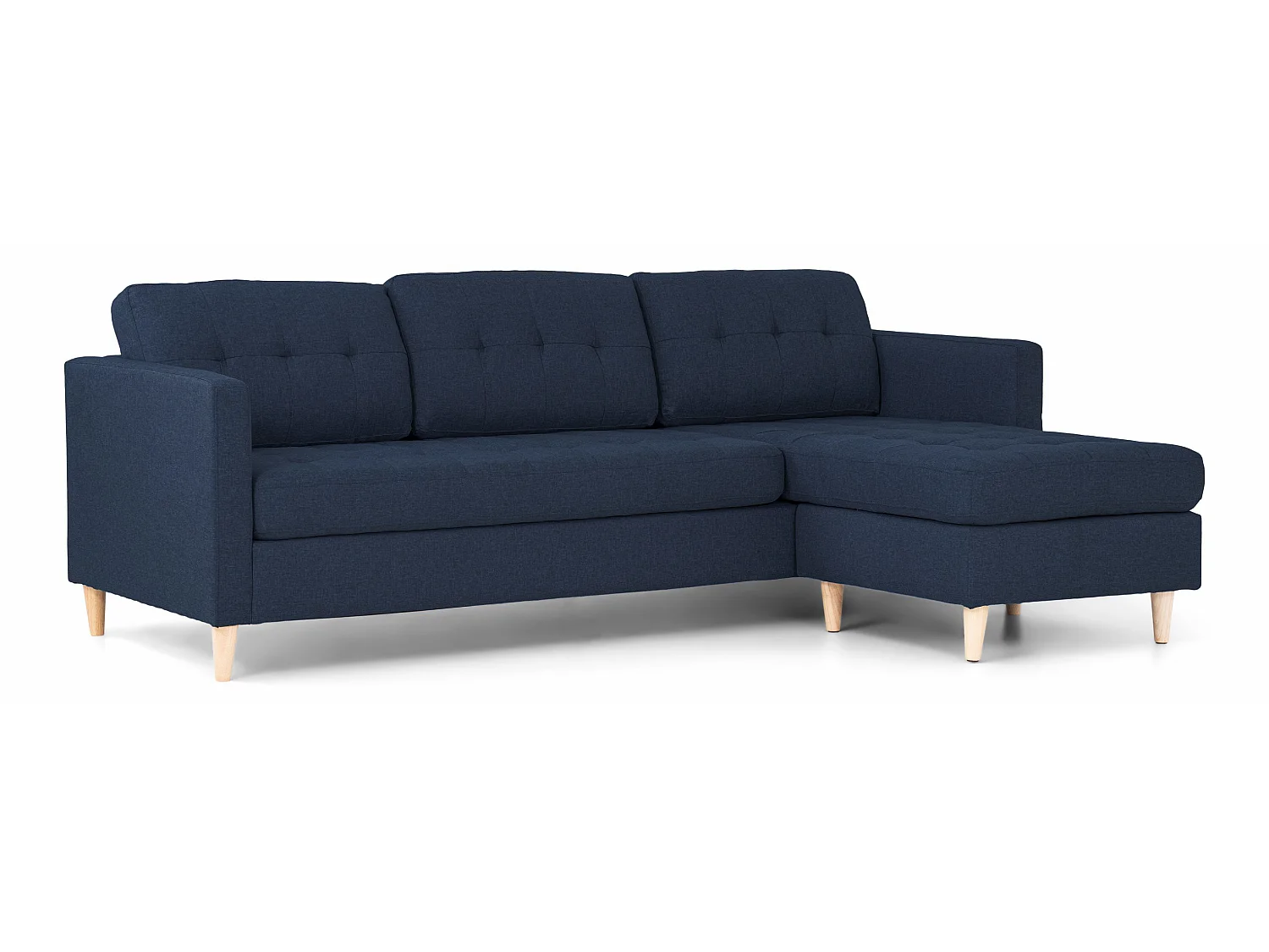 Marino Sofa, Chaiselongsofa rechts oder links gewendet in blauen Stoff mit Holzbeinen.