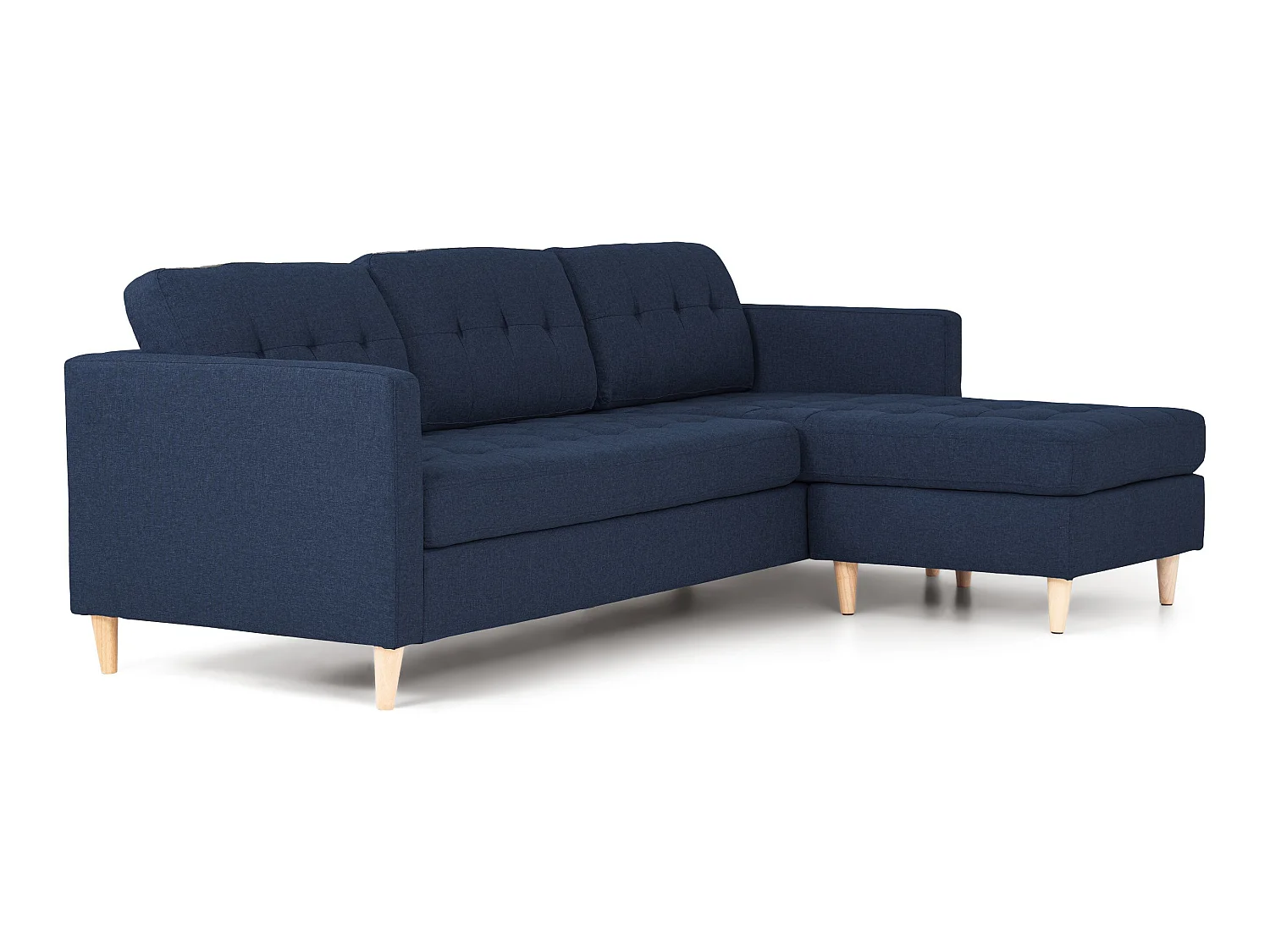 Marino Sofa, Chaiselongsofa rechts oder links gewendet in blauen Stoff mit Holzbeinen.