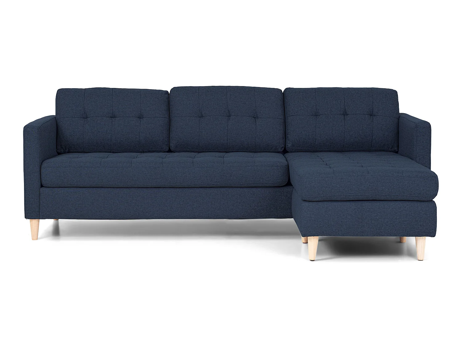 Marino Sofa, Chaiselongsofa rechts oder links gewendet in blauen Stoff mit Holzbeinen.