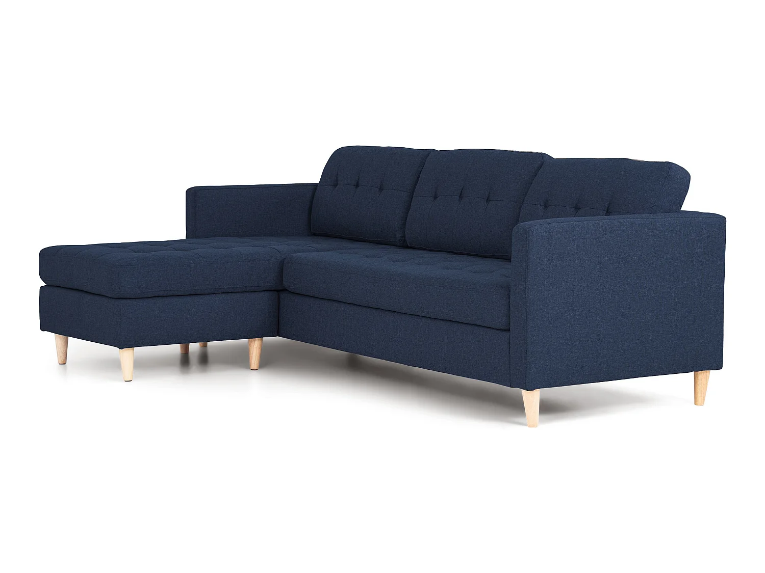 Marino Sofa, Chaiselongsofa rechts oder links gewendet in blauen Stoff mit Holzbeinen.
