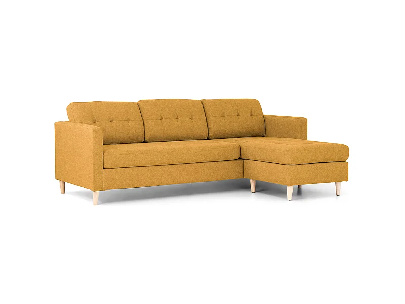 Marino Sofa, Chaiselongsofa rechts oder links gewendet in Stoff currygelb mit Holzbeinen.