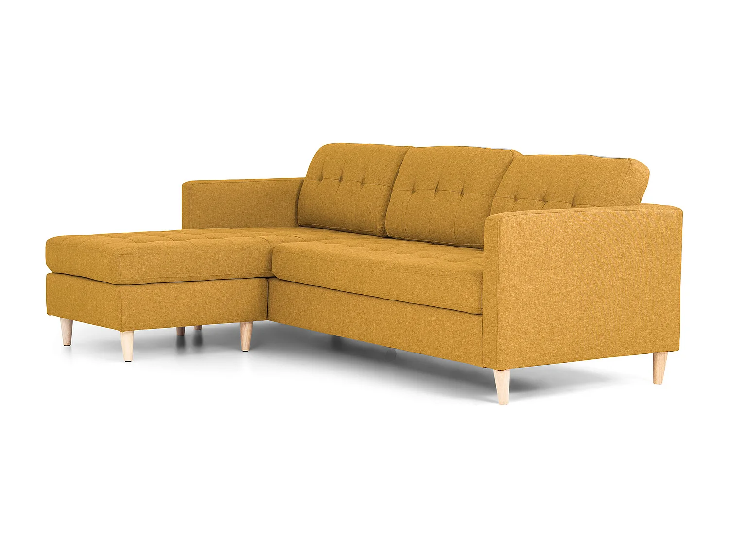 Marino Sofa, Chaiselongsofa rechts oder links gewendet in Stoff currygelb mit Holzbeinen.