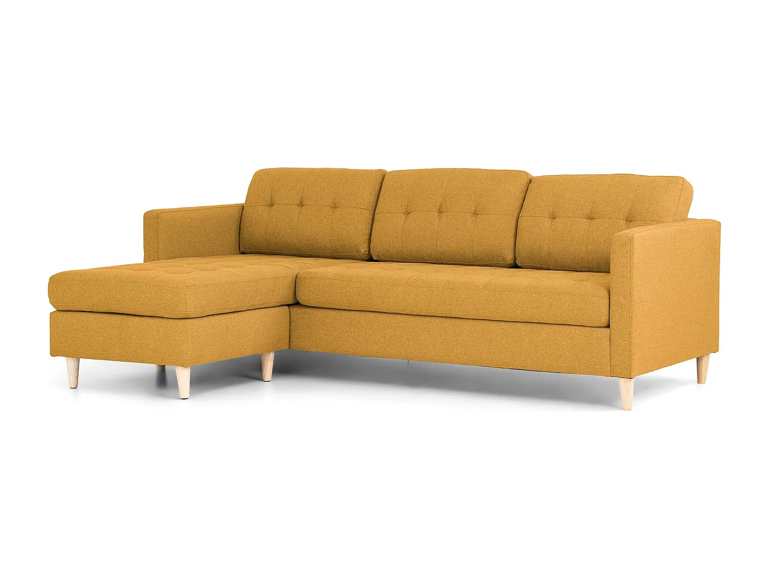 Marino Sofa, Chaiselongsofa rechts oder links gewendet in Stoff currygelb mit Holzbeinen.