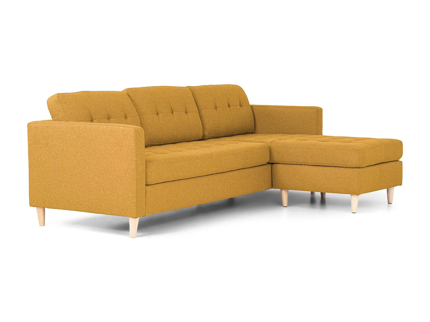Marino Sofa, Chaiselongsofa rechts oder links gewendet in Stoff currygelb mit Holzbeinen.