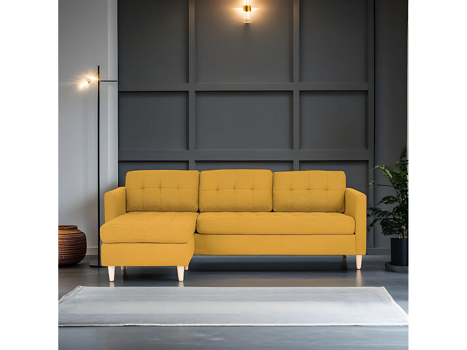 Marino Sofa, Chaiselongsofa rechts oder links gewendet in Stoff currygelb mit Holzbeinen.