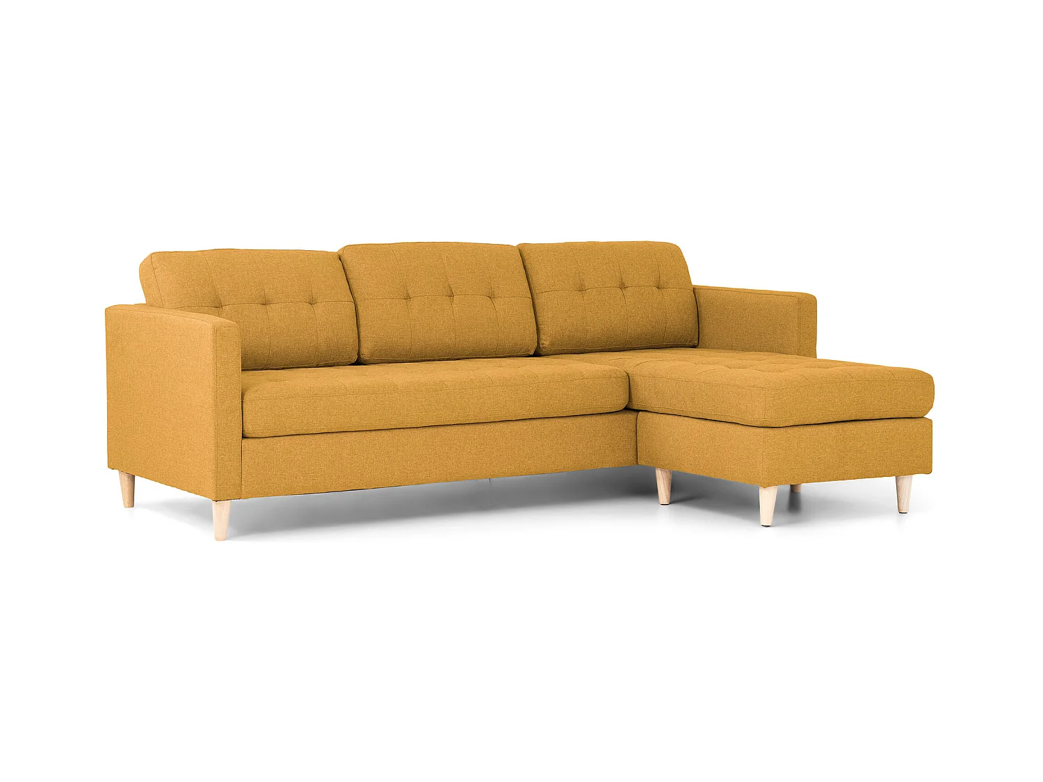 Marino Sofa, Canapé avec chaise longue réversible à droite ou à gauche, en tissu jaune curry avec pieds en bois.